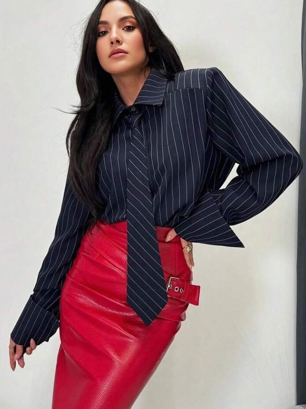 Classic Pinstripe Padded Shoulder Tie-Front Button Down Up Shirt Top Blouse Navy